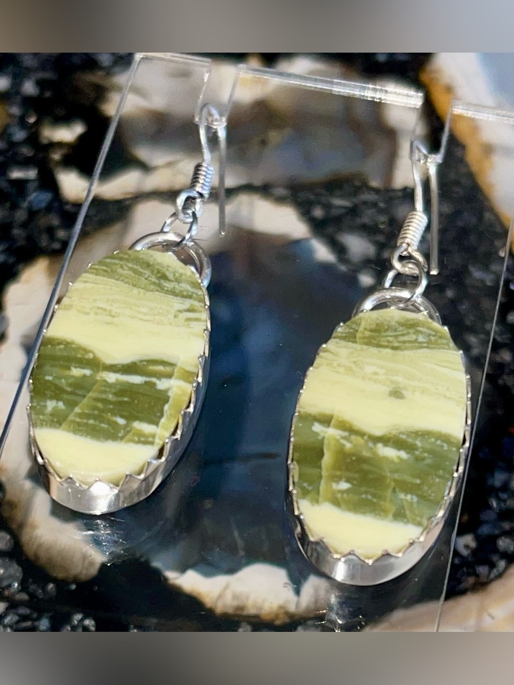 Green Larsonite Bugwood Earrings 2”